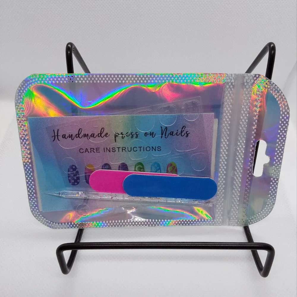 HAND PAINTED PRESS ON NAILS, REFLECTIVE GLITTER, LONG COFFIN, 24 NAILS - Picture 4 of 4